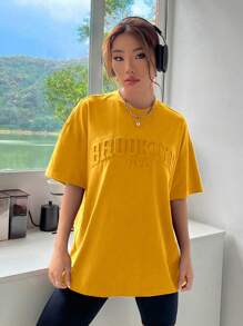 SHEIN EZwear 夏季上衣 粉色纯色字母压花落肩 T 恤 - 芥末黃 - 查看 6