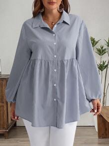 EMERY ROSE 大码冬季女式休闲条纹灯笼袖衬衫 - 藏蓝色 - 查看 3