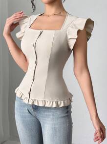 Chiquease Women's Elegant Ruffle Collar Slim Fit Blouse - Apricot - View 6