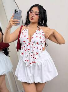 SHEIN ICON Blusa de talla grande con estampado de cerezas, con cuello halter y espalda descubierta