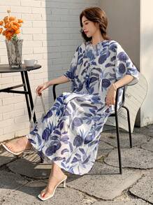 DAZY 1pc Women All-Over Floral Print V-Neck Ruffle Hem Mid-Length Dress