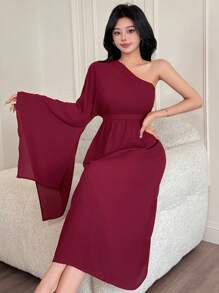 DAZY Robe mi-longue asymétrique à épaule dénudée de couleur unie pour femmes, robe de soirée élégante et formelle, robe longue à manches longues pour l'automne, robe femme rouge - Rouge foncé - Voir 5