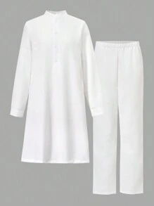 2pcs Set, Vintage Style Robe Top And Pants, Vacation Outfit For Teen Boys - White - View 1
