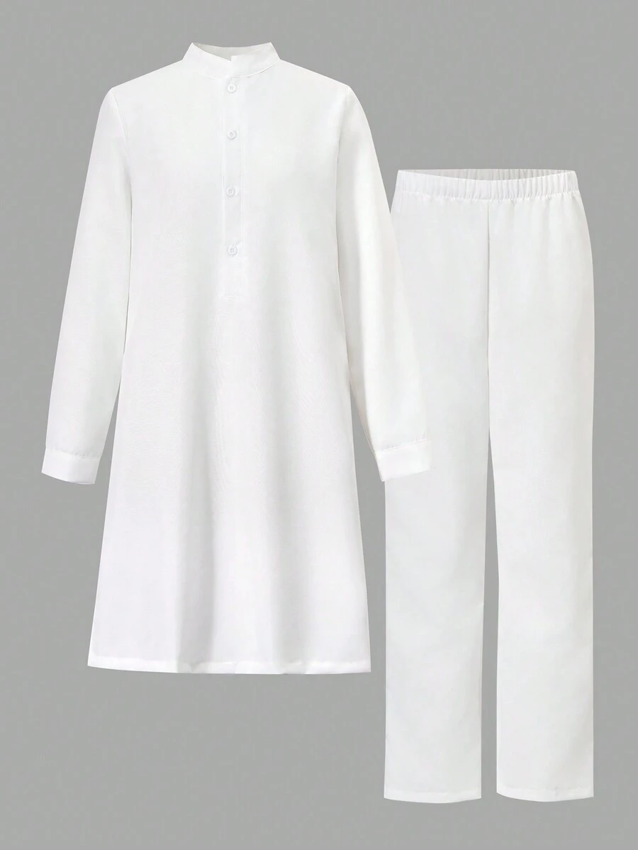 2pcs Set, Vintage Style Robe Top And Pants, Vacation Outfit For Teen Boys - White - View 1