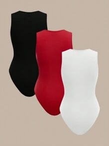 SHEIN BASICS 3pcs Plain Color Tight Knit Sleeveless Bodysuit For Women - Multicolor - View 2