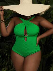 SHEIN Swim Event Costum de baie într-o singură piesă verde încrucișat pentru femei de mărime mare, pentru vacanța de vară la plajă