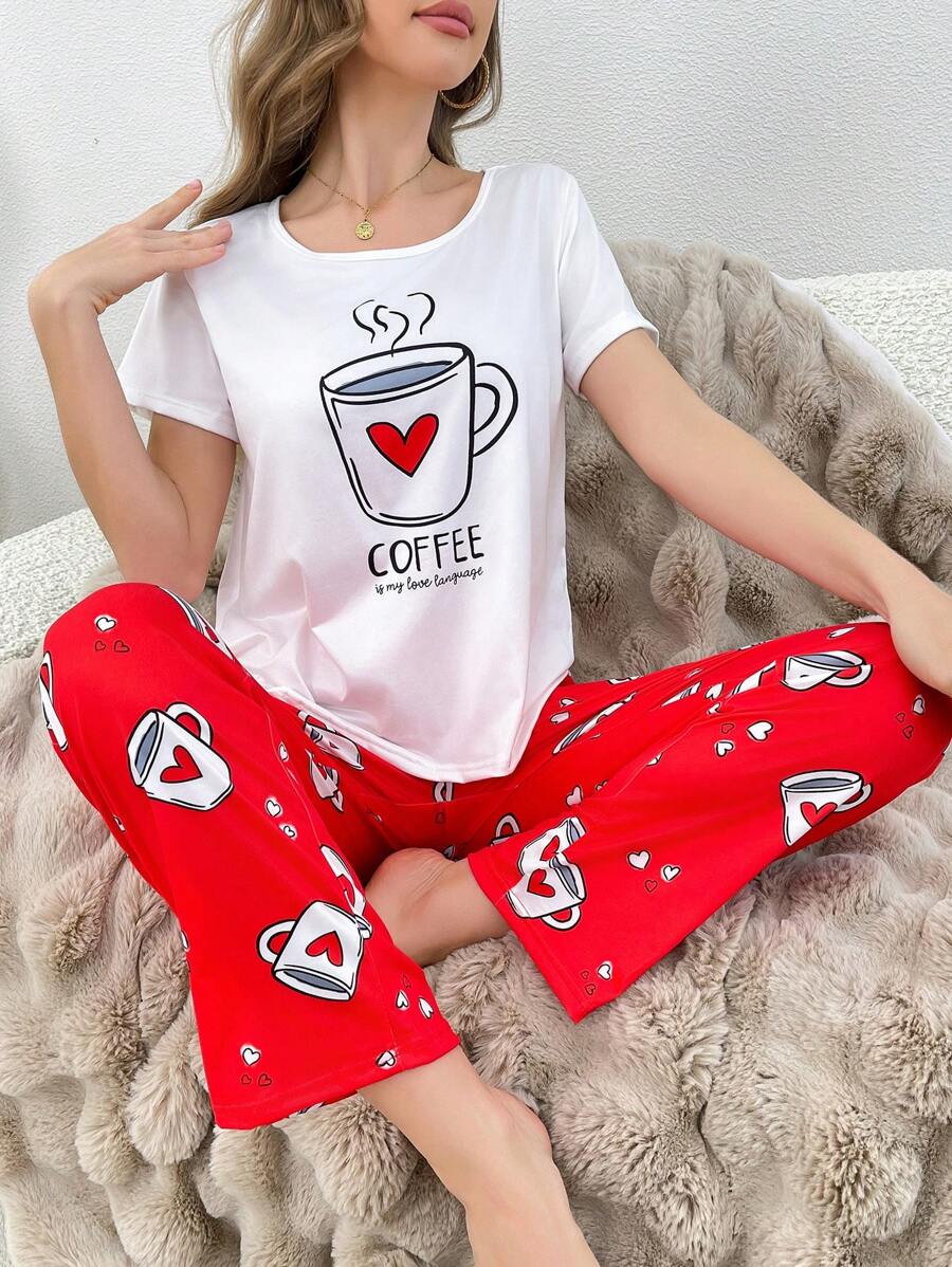 SweetSlumber Women's Cute Coffee & Heart Print Pajama Set,Short Sleeve Top And Pants Sleepwear - Multicolor - View 1