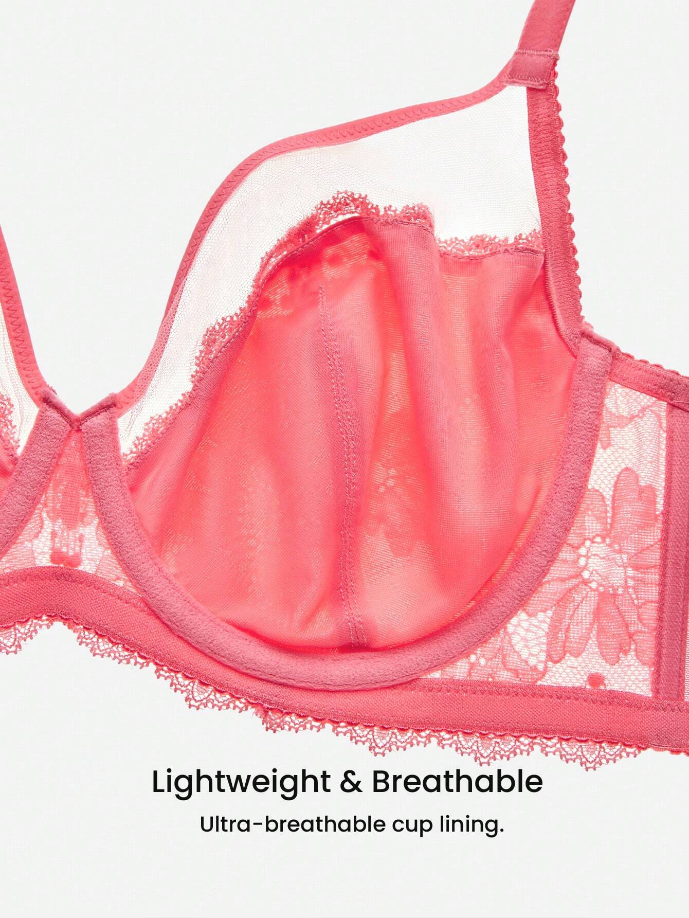 Damen Große Größen Lingerie Lounge Kurve transparente Volldeckung mit Unterstützung & atmungsaktiv Unterbügel Sexy ungepolsterter Minimizer Spitze Eleganz & Mesh rosa BH Braut Wäsche