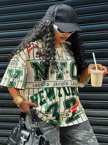 Rovax Plus Size Women Letter Print Round Neck Drop Shoulder Casual T-Shirt - Multicolor - View 4