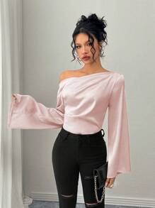 Chiquease Women's Elegant Solid Color Oblique Shoulder Ruched Flare Cuff Shirt, Autumn One Shoulder Top - Baby Pink - View 6