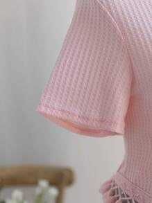 Soleia Plus Size Casual Solid Color Fringed Hem Short Sleeve T-Shirt - Pink - View 5