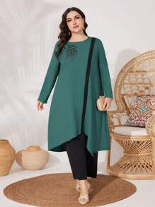 Mulvari 2 stuks/set Plus Size Casual Ronde Hals Lange Mouw Top en Broek