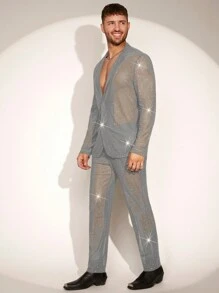 FeverCity Conjunto de traje traslúcido de manga larga y pantalón largo minimalista para hombres