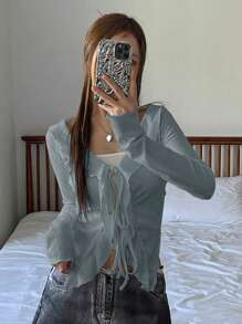 DAZY 女士春夏纯色拼接荷叶边蕾丝前开长袖休闲 T 恤外出上衣秋季服装