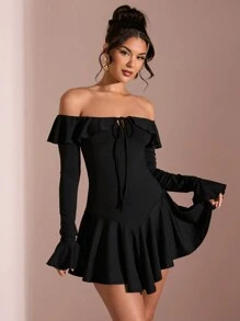 SHEIN BAE Summer Beach Vacation Elegant Solid Black Ruffle Dress One Shoulder Off Shoulder Long Sleeves, Suitable For Daily Dating, Night Out, Nightclubs, Parties, Get-Togethers, Cocktail Parties, Holiday Dresses, Pool Parties - Black - View 3
