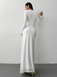 Aloruh Vestido de punto jacquard de cuello cuadrado elegante para mujer, otoño/invierno - Blanco - Ver 2