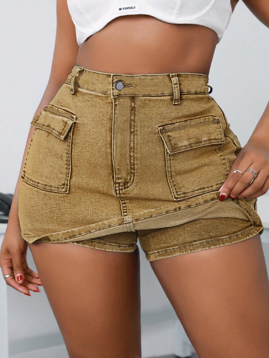 SHEIN 大码女式工装口袋紧身牛仔短裤/短裙
