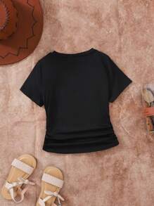 Camisetas para niñas jóvenes para primavera y verano, nuevos estilos Wildeya: camiseta negra con fruncido en el lateral y estampado de estrella, adecuada para actividades al aire libre y uso diario