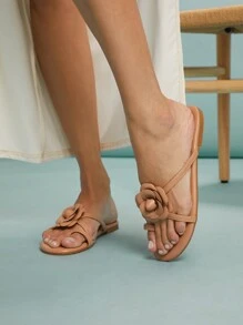 SHUZIA 女士舒适平底凉鞋 3D 花朵裸色平底凉鞋 - 摩卡棕 - 查看 5