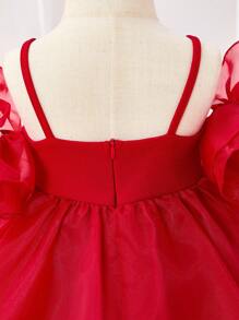 SHEIN Fern Glow  Babygirl Lovely Summer Red Knitted Patchwork Organza Ruffle Trim Spaghetti Strap Party Dress