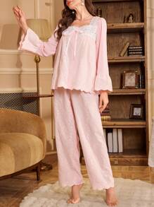 PalaceNights Kontrast-Farbband Schleife Stickerei Top & Lange Hose Damen Schlafanzug Set Urlaubssaison, Herbst Winter Kleidung