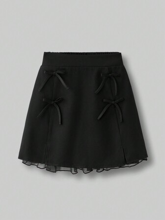 Ontre Tween Girl Black Butterfly Decor Slit Lace Ruffle Hem Minimalist High-End Versatile Casual Skirt, Spring/Summer