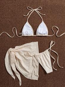 SHEIN Swim Summer Women's Casual Beach Halter Tie Bikini Set - Apricot - View 7