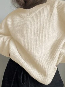 INAWLY 女士V领长袖纯色针织套头毛衣 秋冬款 - 米色 - 查看 4