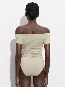 Maija Off Shoulder Ruched Bodysuit, Fitted Silhouette, Suitable For Parties, Gatherings, Versatile Wear, Spring/Summer - Apricot - View 6