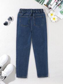 Jeans tipo mom desgarrados y rotos con cintura elástica, look casual de calle estilo bohemio para niña preadolescente, conjunto de moda diaria para chicas