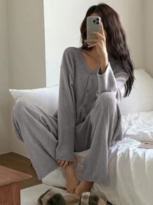 DAZY Striped Textured Fleece Open Cardigan Pajama Set, Winter - Light Grey - View 3