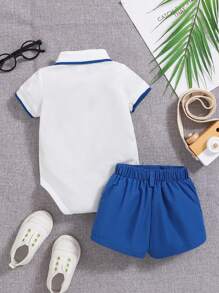 男婴纯色前开襟衬衫和短裤 2 件套，简约 - 彩色 - 查看 2