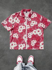 Manfinity EMRG Men's Front Zipper Short Sleeve Allover Print Simple Casual Shirt