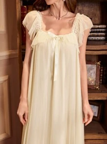 PalaceNights Romantic Ruffle Bow Decor Square Neck Mesh Strap Nightgown Babydoll Luxe Loungewear, Moo Moo