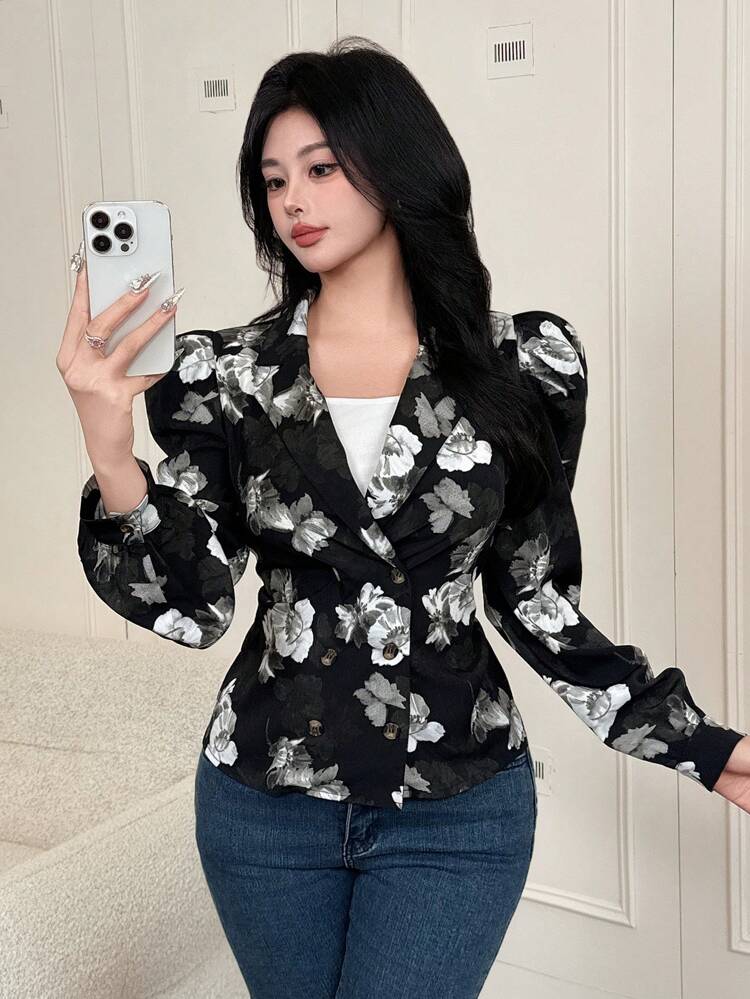 Floral Chiffon Balloon Sleeve Blouse For Women,Fall Women Clothes Long Sleeve Top
