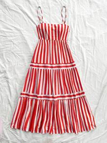 Soleia 女士假日风格红白条纹面料 A 字裙，适合婚礼、海滩、音乐节、夏季度假波西米亚风吊带裙 - 紅白色 - 查看 4