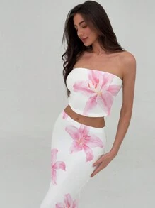Aloruh Conjunto de 2 piezas de top tubo acanalado y falda con estampado floral elegante y sexy en rosa, adecuado para vacaciones de primavera/playa, cita romántica de San Valentín, salida de moda, festival de música