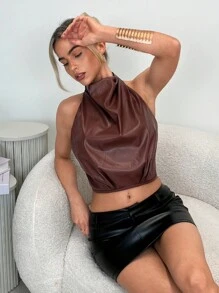 Firerie Women Summer Festival Boho Old Money Elegant Simple Commute Fashion Sexy Daily Party Music Festival Leather Pleated Halter Backless Brown Top Shirt - Coffee Brown - View 2