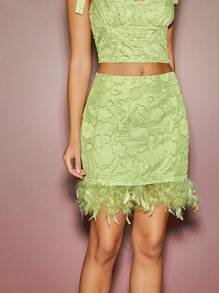 L'Amorae Elegant Jacquard Faux Feather Trim Vacation Skirt, Spring Summer For Women - Green - View 5