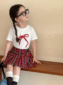 DAZY 2pcs/Set Young Girl Round Neck Short Sleeve Bow Top And Skirt,Girls Summer Outfits - White - View 2