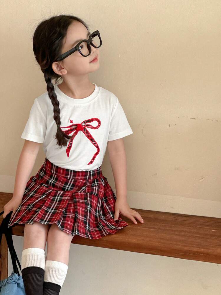 2pcs/Set Young Girl Round Neck Short Sleeve Bow Top And Skirt,Girls Summer Outfits