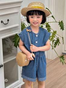 DAZY 年轻女孩蝙蝠印花短袖纽扣休闲牛仔连体裤