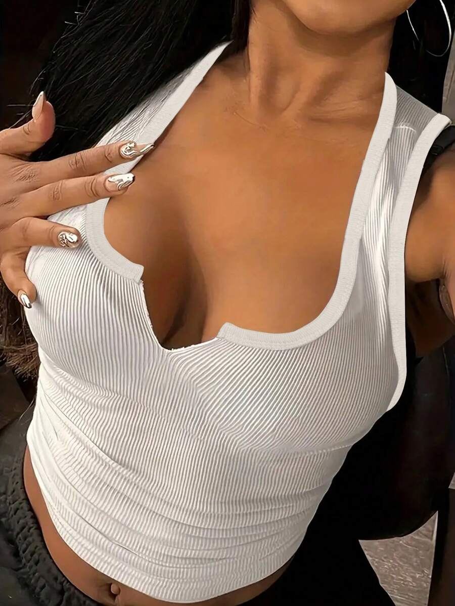 INAWLY Plus Size Women's Solid Color Ribbed Tank Top - White - View 1