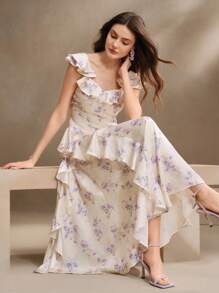 Anewsta SHEIN X Hannahelzahed Váy hai dây xếp nếp in hoa nhiều lớp dành cho nữ, phù hợp cho mùa xuân, mùa hè, lễ hội, thanh lịch, kỳ nghỉ, bãi biển - Màu be - Xem 3