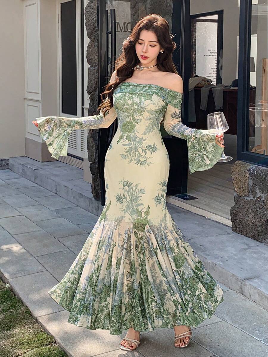 DAZY St. Patrick's Day Floral Mesh Dress With Flared Sleeves & Off Shoulder Neckline For Women Elegant,Ruffle,Fall Dress Long Sleeve Dress Easter - Green - View 1