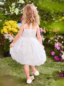 SHEIN Váy yếm ren trắng đáng yêu cho bé gái tuổi teen, mùa hè - trắng - Xem 3