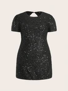 SHEIN EZwear Plus Size Women Solid Color Round Neck Short Sleeve Sequin Casual Dress,Valentine's Day - Black - View 2