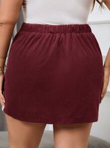 SHEIN Essnce Plus Size Women Solid Color Side Zipper Short Corduroy A-Line Skirt - Burgundy - View 2