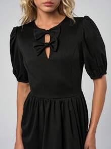 EURMUSE Women Cute Solid Color Front Bow Dress - Black - View 4