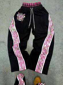 Pantalones deportivos casuales con cordón en la cintura, con letras y rayas, para rave, para hombres